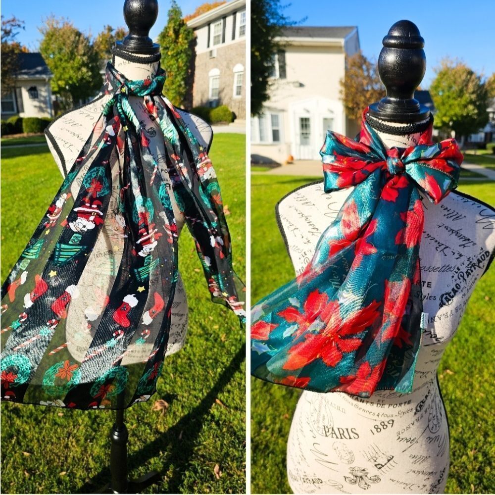 VTG Set Of 2 Merry Christmas Poinsettia Print Festive Santa Silk Feel Scarves